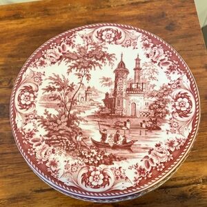 Vintage Red Transferware earthenware Cake Stand 5.5” high and 8” Diameter